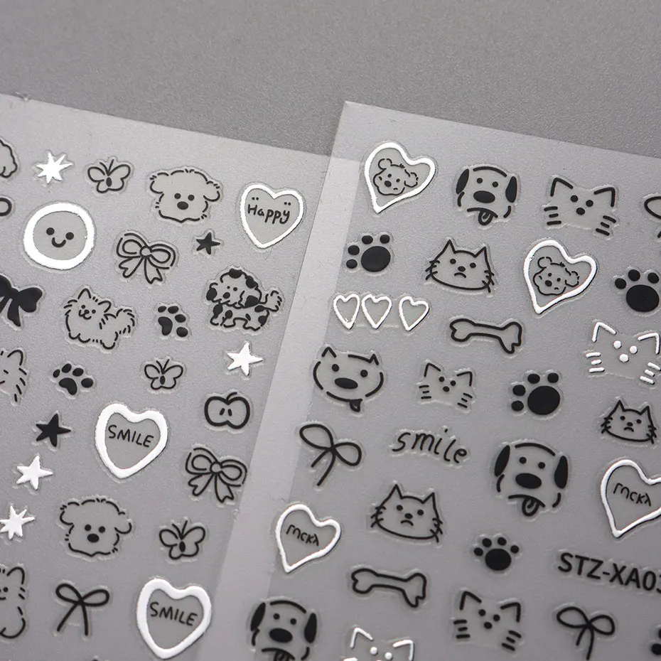 2pcs 3D Cute Silver Smile Dog Decals Y2K Cartoon Cat Footprint Nail Stickers Graffiti Star Heart Bowknot Manicure Slider Decor