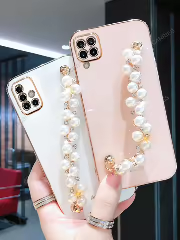 Luxury Pearl Bracelet Chain Case For Samsung Galaxy A12 A22 S 4G 5G A51 A71 A31 A21S Diamond Plating Back Cover On A 12 22 51 71