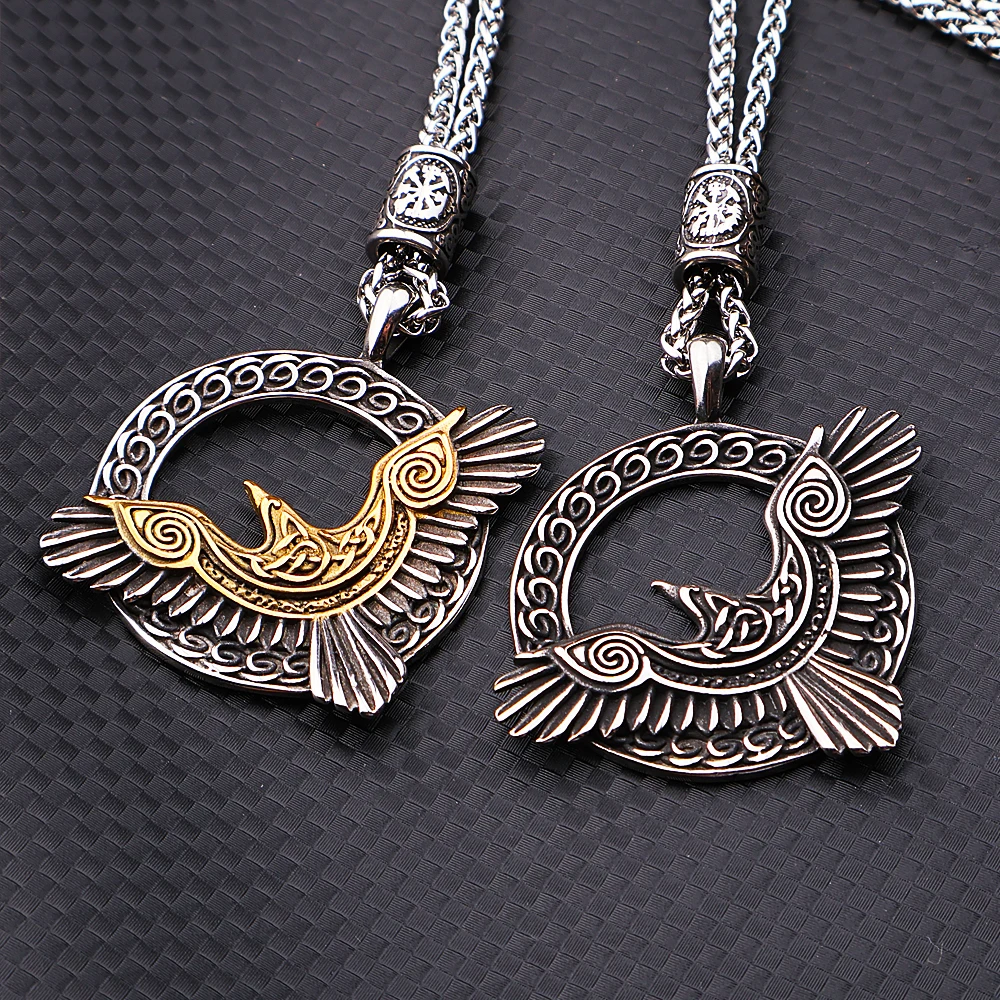 Nordic Odin Viking Crow Necklace Stainless Steel Fashion Vintage Biker Amulet Viking Pendant Necklace for Men Jewelry Wholesale