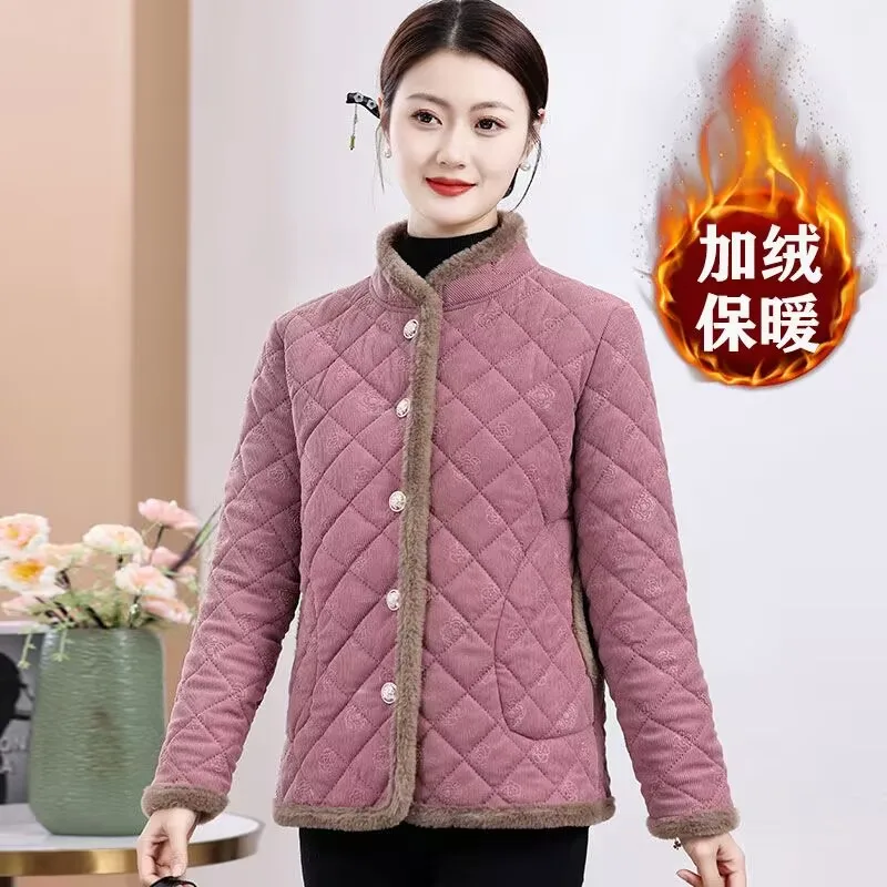 

Jacquard Cotton-padded Fleece Jacket 2025 Autumn Winter Women Vintage Floral Tang Suit Warm Clothes Mother Cheongsam Jacket