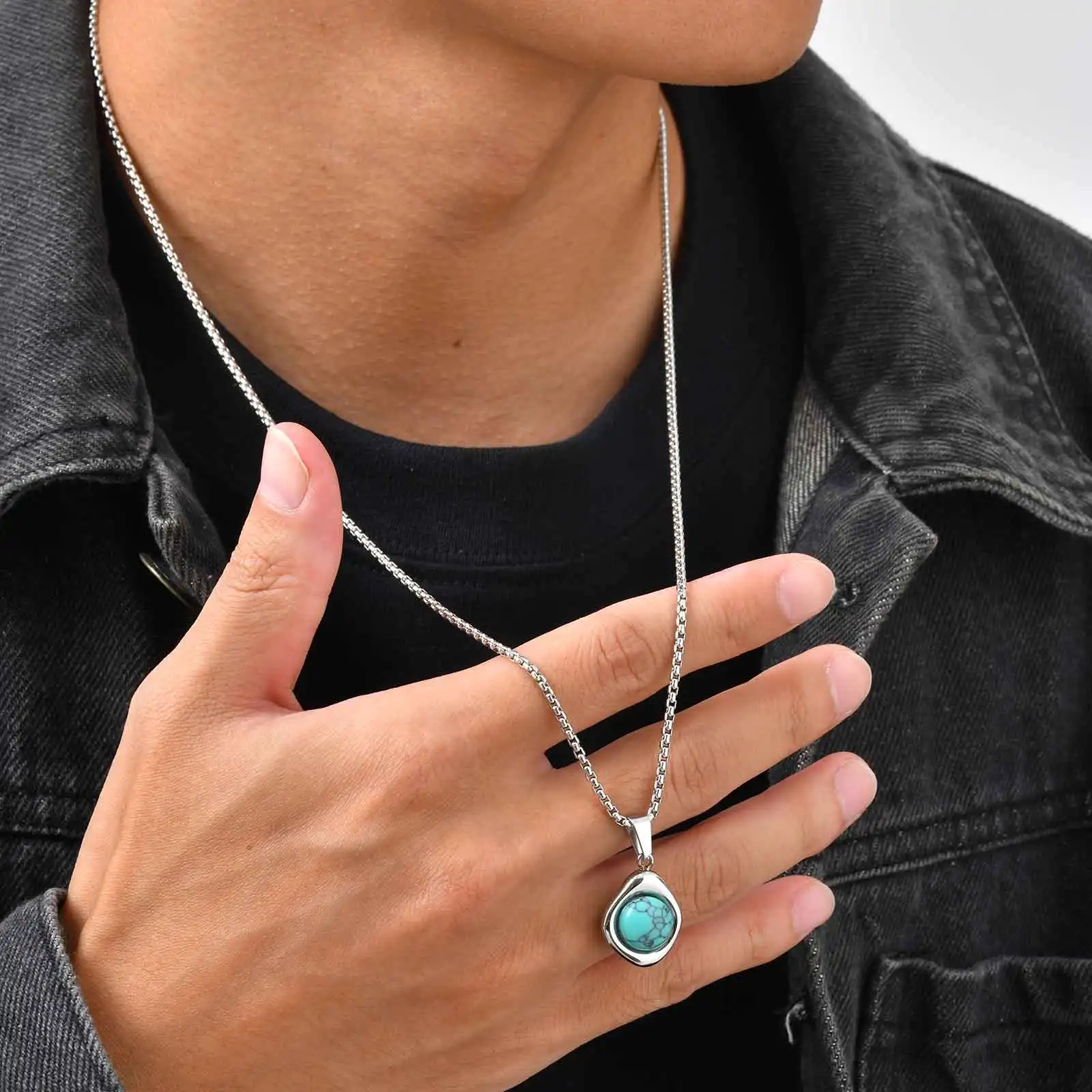 Klassische Mode Runde Natürliche Achat Tigerauge Stein Halskette für Männer, Edelstahl Unregelmäßige Anhänger Halskette, Punk Schmuck – Detail 5