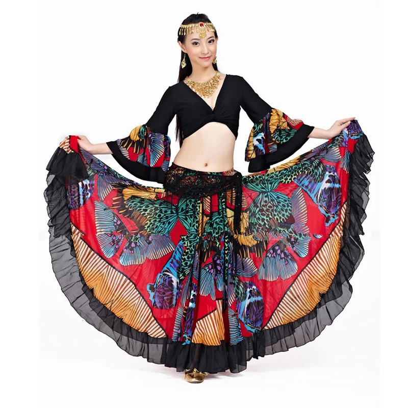 720 Degree Big Swing Flower Butterfly Printed Gypsy Skirt Belly Dance Costume Tribal Clothing Belly Dance Suit Flamenco Clothes