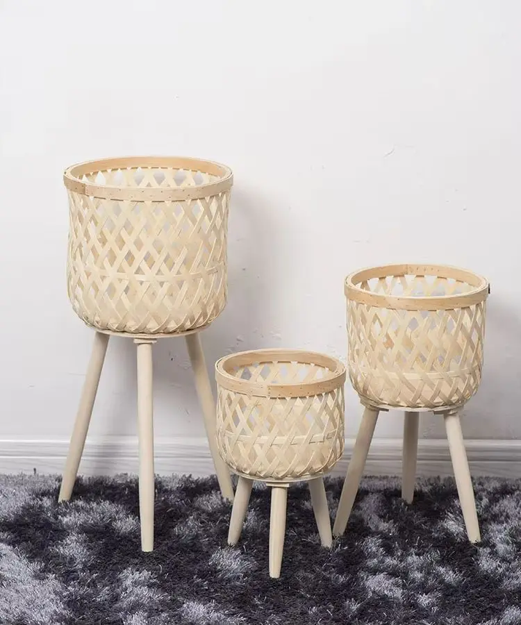 Nordic style rattan flower pot indoor balcony living room plant green flowers hand-woven wooden tall floor flower stand