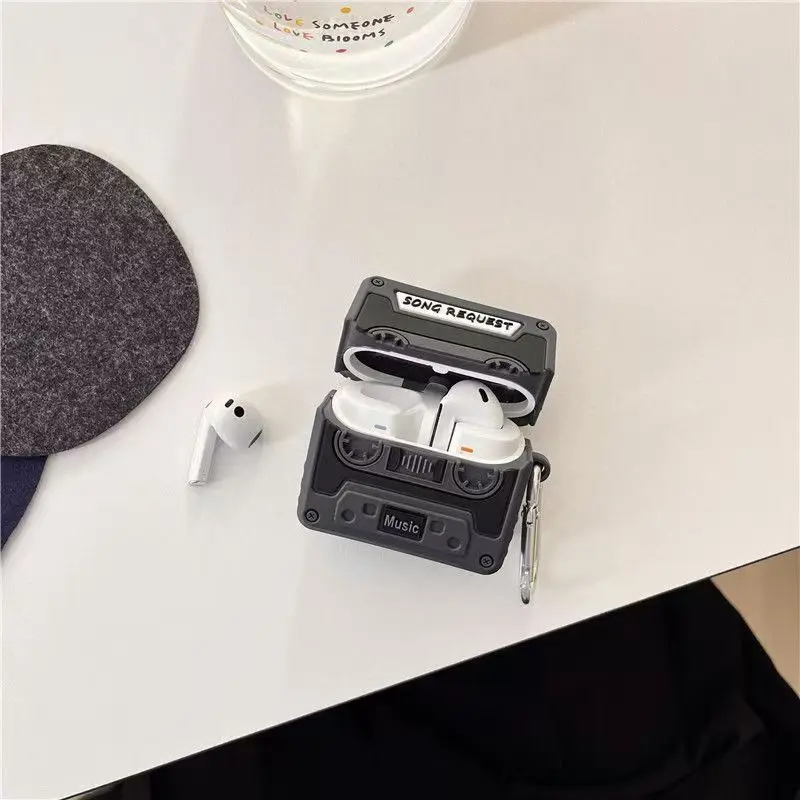 جراب سماعة رأس ثلاثي الأبعاد مضحك بنمط الشريط الكلاسيكي مع سلسلة مفاتيح ، حافظة سيليكون لسامسونج جالاكسي براعم 3 برو