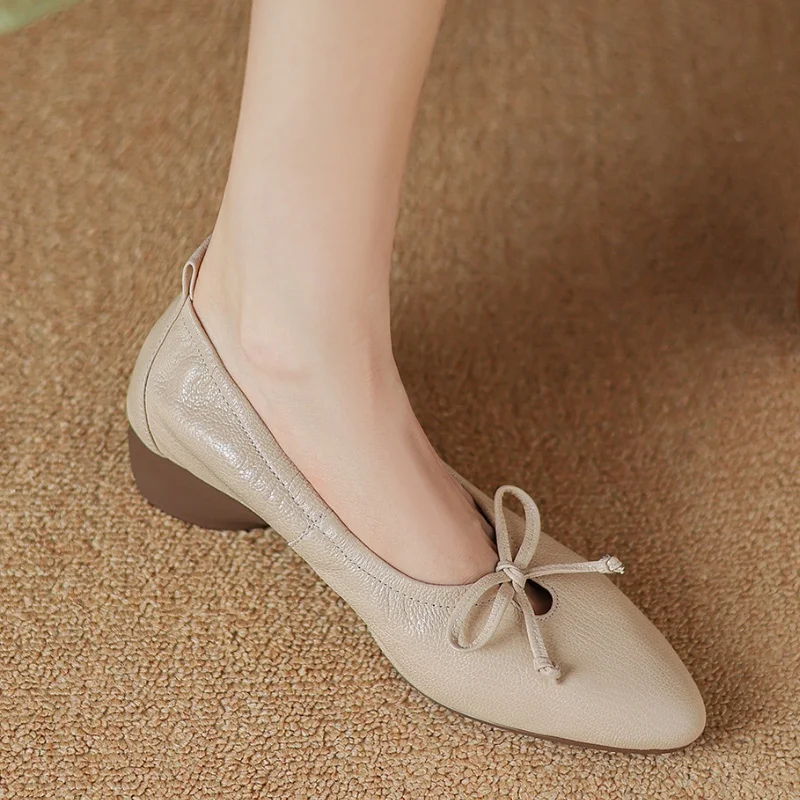 Bow Loafers Shallow Woman Shoes Autumn New 2025 Mid Heels Designer Elegant Casual Dress Comfortable Pointed Toe Women Shoes