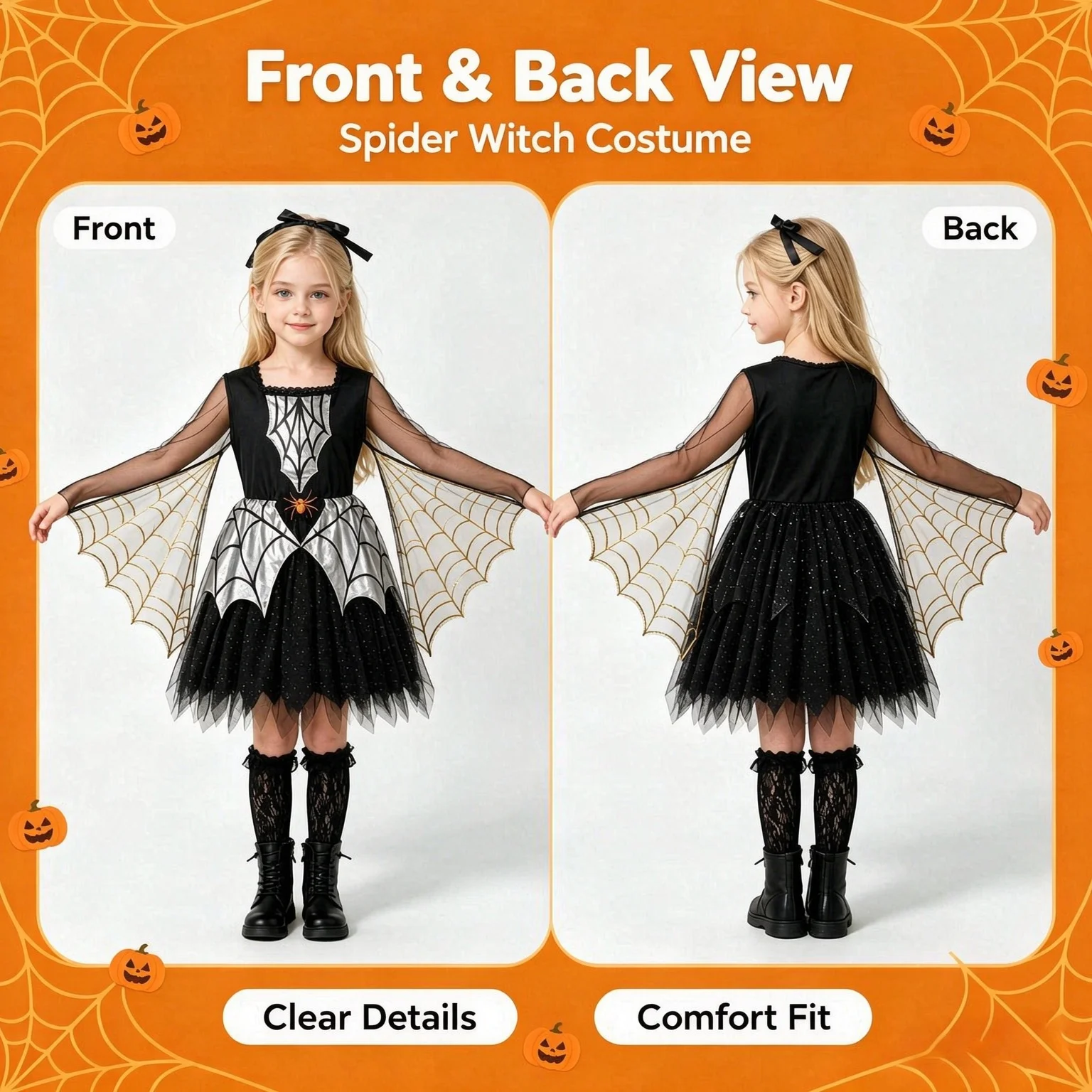 1er-Pack Mädchen-Kostüm mit Spinnen-Motiv, Spinnennetz-Umhang-Kleid, Halloween-Karnevals-Outfit für Bühnenauftritte & Cosplay-Partys – Detail 3
