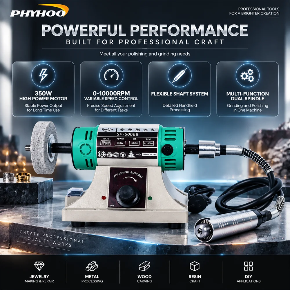 PHYHOO 350W Bench Polishing Machine 10000RPM Variable Speed Jewelry Buffer Grinder with Flexible Shaft for Metal Wood Resin DIY