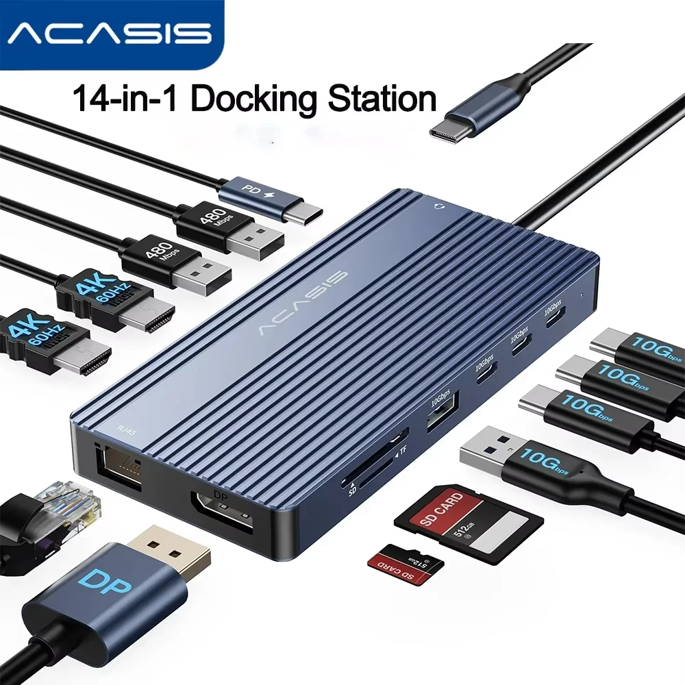 

Acasis 14 in 1 USB-C Docking Station with HDMi 4K 60HZ Resolution RJ45 1000Mbps SD/TF Audio 3.5mm PD100W Input 85W Output for Pc