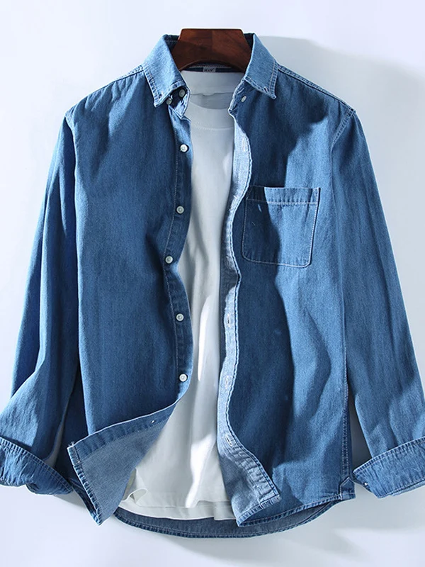 Loose Fit Pure Cotton Long Sleeve Men's Denim Shirt Spring Autumn Casual Style Vintage Trendy Top Outerwear Jacket