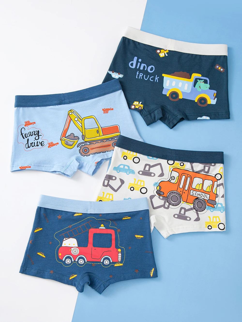 4pcs Boy\'s Cotton Boxer Briefs, Cartoon Excavator Truck Print Elastic Waist Shorts, Comfy Breathable Soft Underwear, Kids Clothe