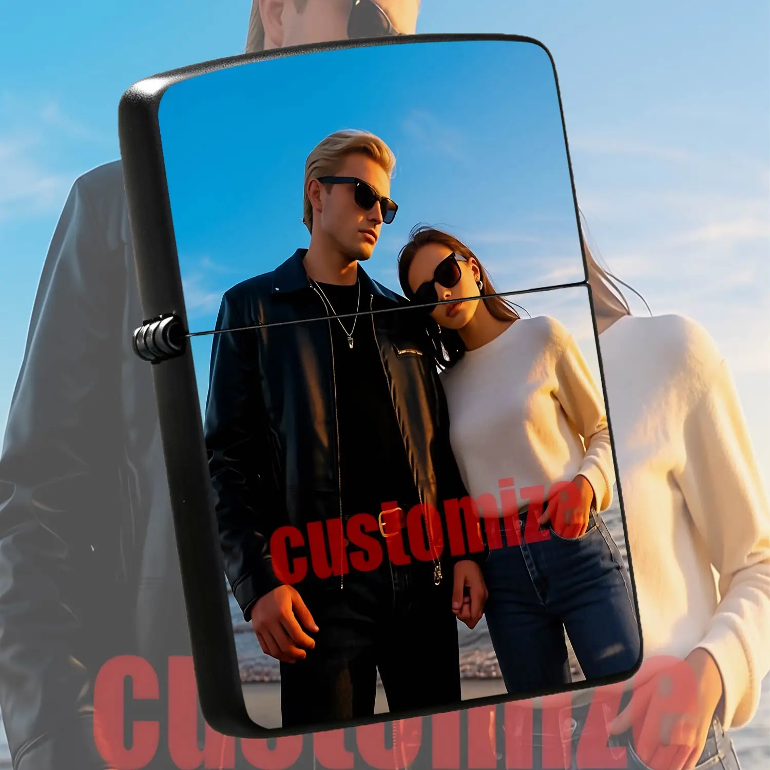 Stylish Coastal Sunset Couple Themed Decorative Lighter, Portable Exquisite Scenic Pattern Print Lighter, Ideal For Daily Commute Outdoor Activities Dating Gifting, Sleek All-Scenario Versatile Practical Accessory For E A Humorous And Inter