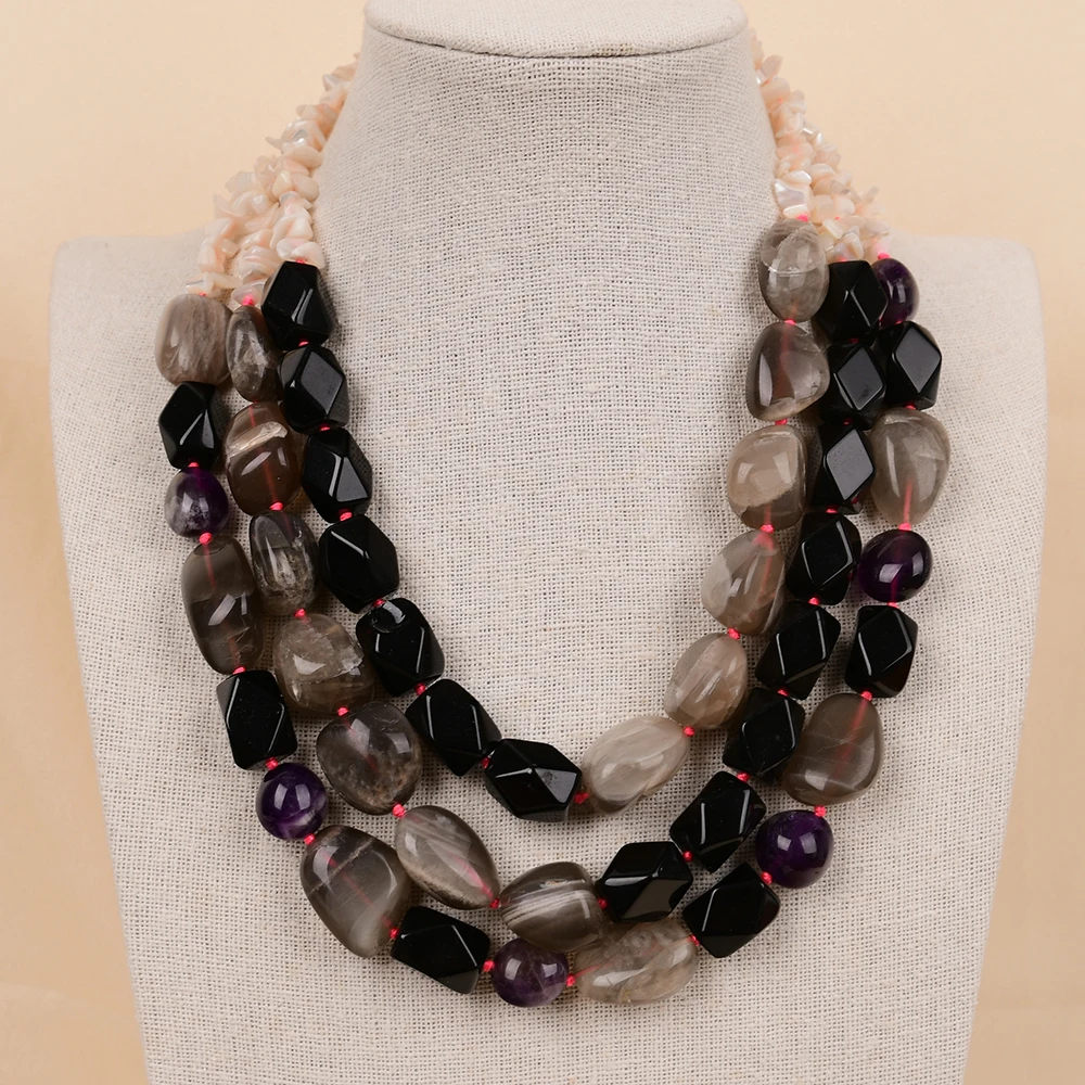 

APDGG NO123 Handmade 3 Rows Natural Mix Stone Shell Onyx Sun Stone Gems Multi Strands Necklace
