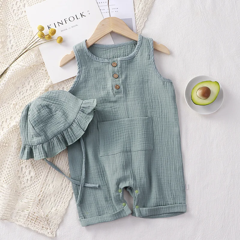 Muslin Summer Baby Jumpsuit with Hat Soft Cotton Baby Girl Boy Clothes Sleeveless Toddler Romper Infant Clothing Newborn Outfit