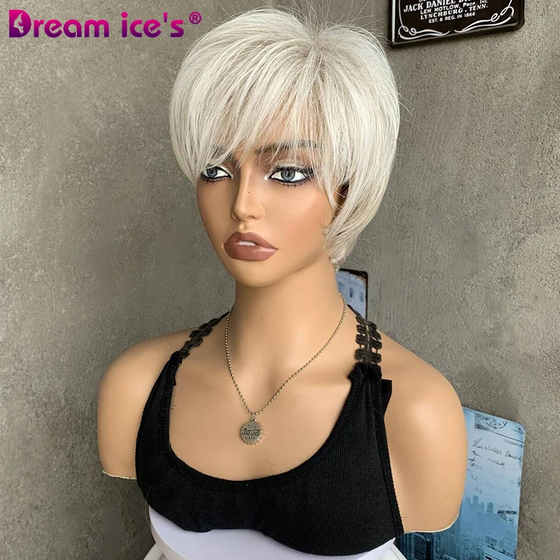 Gemischte weiße blonde kurze gerade gewellte Haare synthetische Pixie Cut Perücken mit Pony für Frauen High Tempre ture Fiber Lady tägliche Perücken