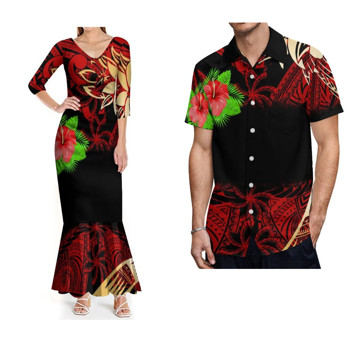 

Polynesian Women'S Dress Men'S Shirt Summer Vintage Floral Print Couple Set Slim Long Skirt Fishtail Pleated Skirt Design