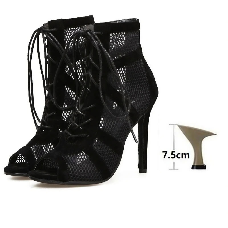 Preto sexy rendas até cross-amarrado sapatos femininos conforto de alta qualidade saltos finos dedo do pé aberto sandálias de dança tornozelo cinta oco para fora bombas