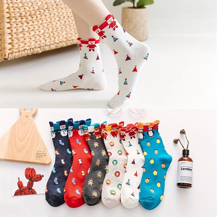 6 pairs of women's cute Christmas socks  three-dimensional cartoon fashion New Year socks  medium length socks