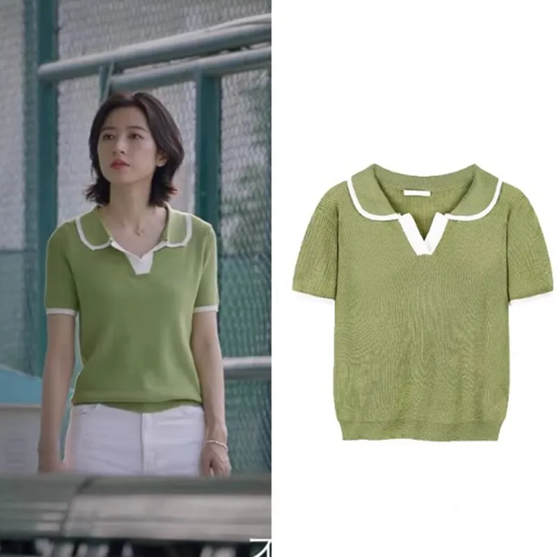 

EXJR Green Ice Silk Short Sleeve Knitted V-Neck Women's Summer Top Slim Fit Splice Regular Sleeve Length Pure Color Button