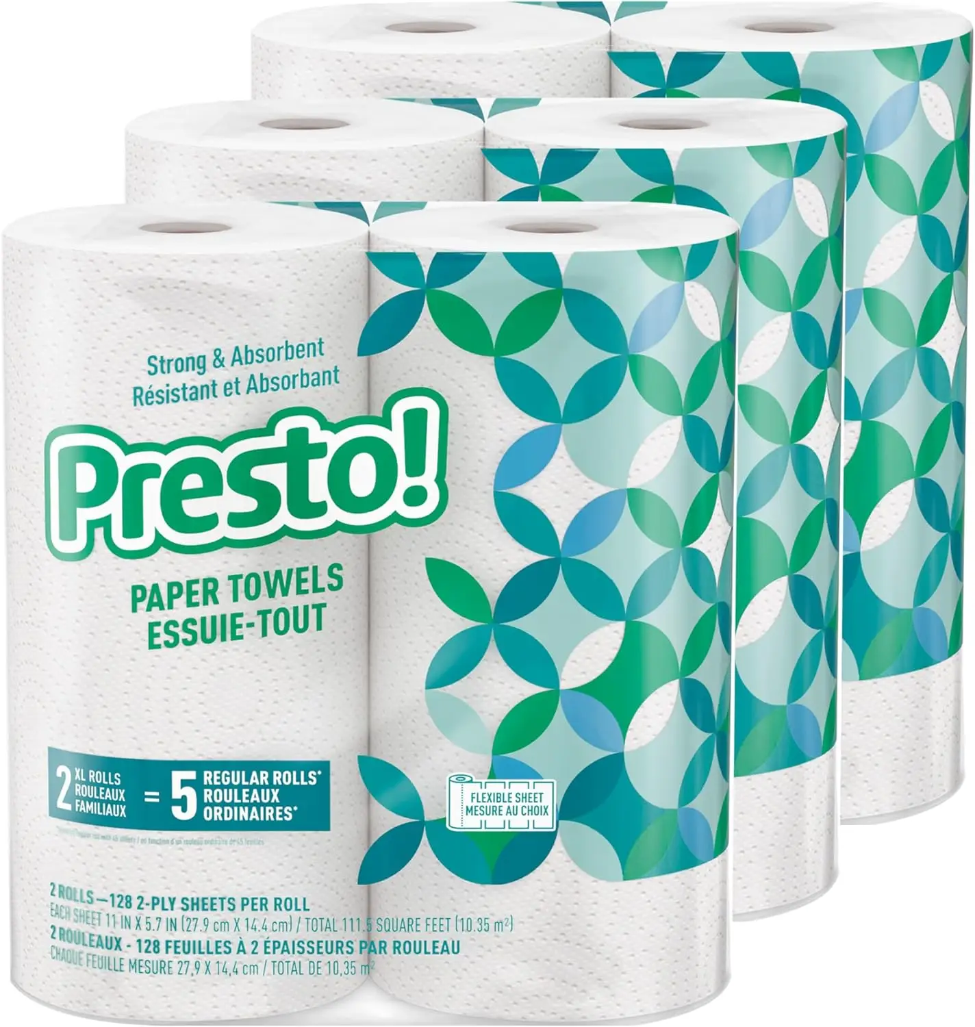 128 Sheet Paper Towels, 6 Rolls - Flex-a-Size, Strong & Absorbent for Kitchen