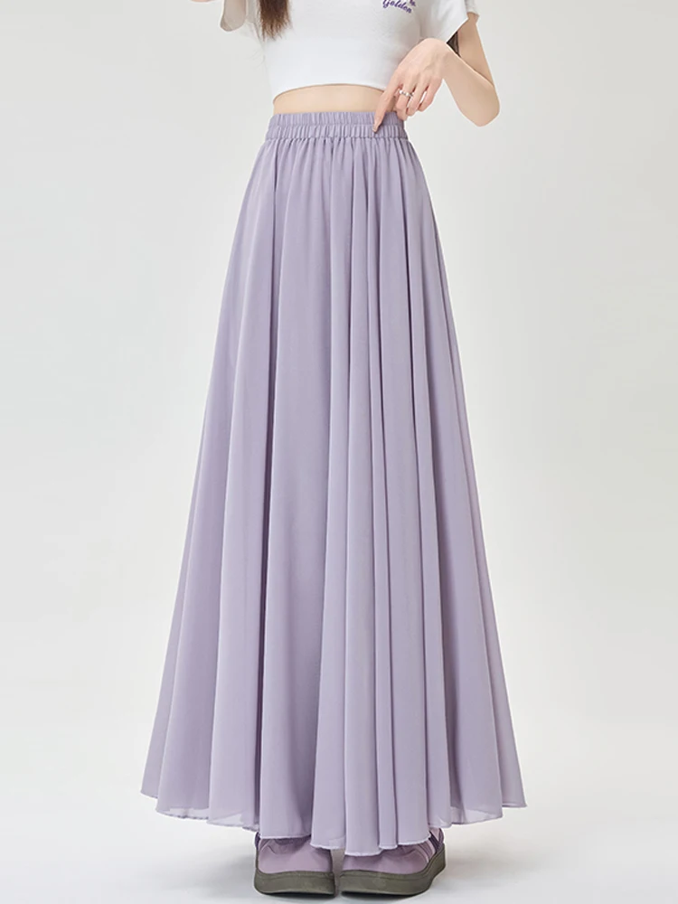 

Purple Chiffon Pleated Skirt Women's High Waist Slimming Hip Covering Drapey A-Line Umbrella Long Skirt Korean Sle Commute