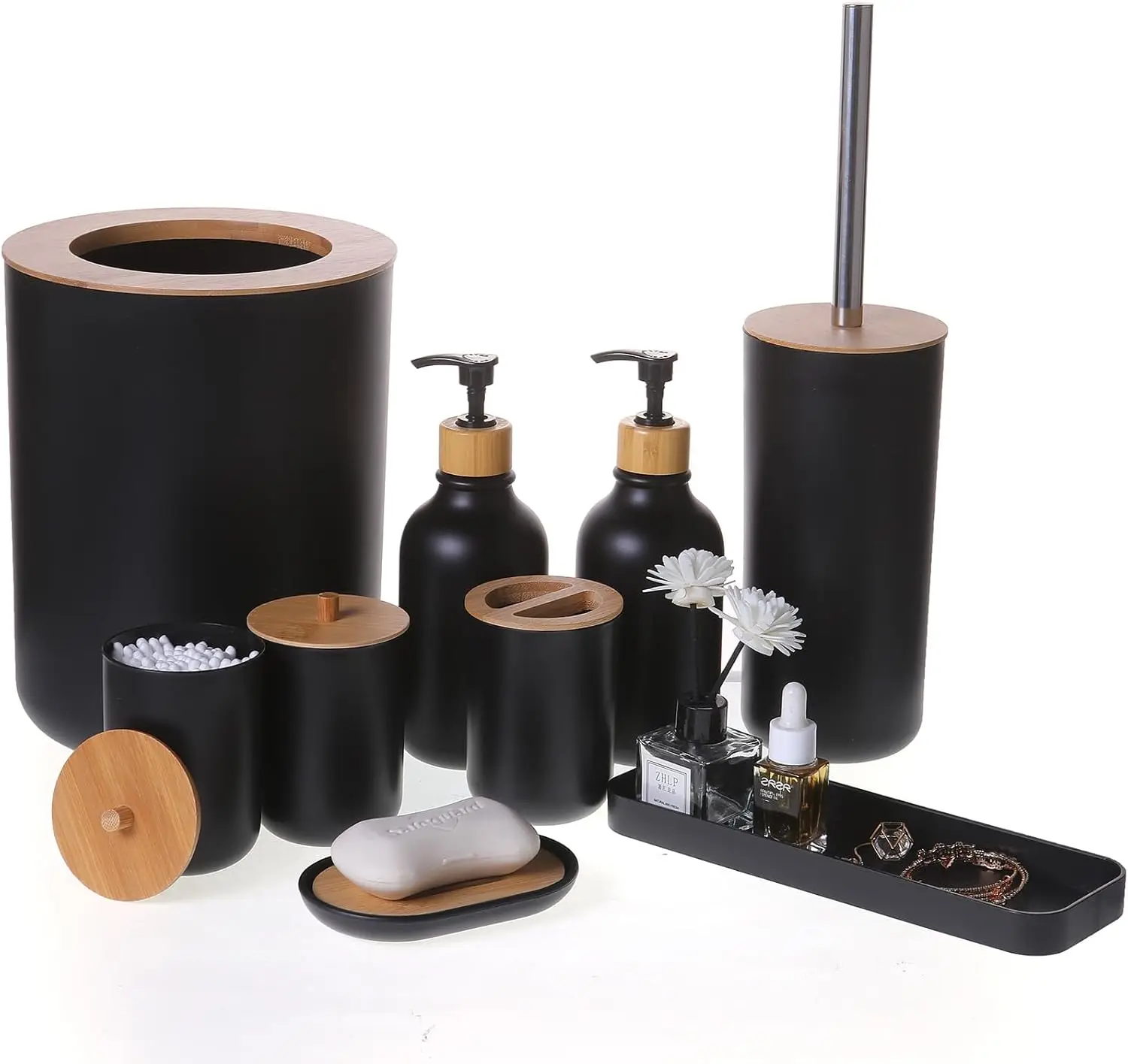 

Matte Black Bathroom Accessories Set 9PCS,Bamboo Bathroom Accessories Sets Complete with Trash Can,Soap Dispenser and Toothbrush