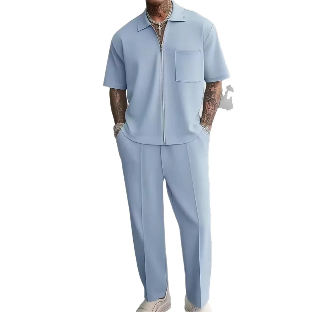 

2026 New Men's 2-Piece Set Elegant Zip-Up Polo Shirt & Pants Modern Short Sleeve Tracksuit Casual Summer Outfits for Men
