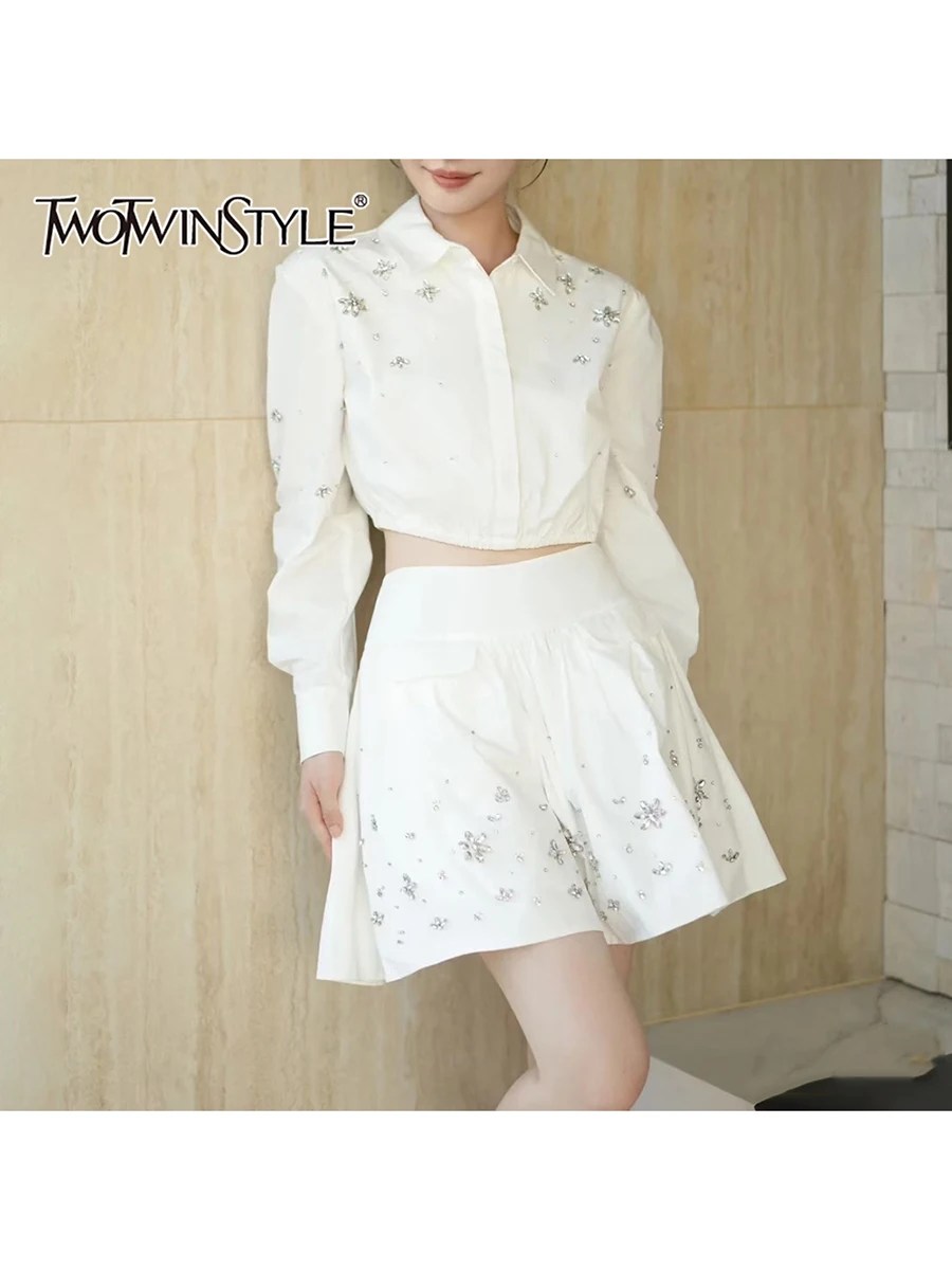 

TWOTWINSTYL Solid Spliced Bead Fashion Two Piece Sets for Women Lapel Long Sleeves Short Top High Waist Skirt Elegant Set Female