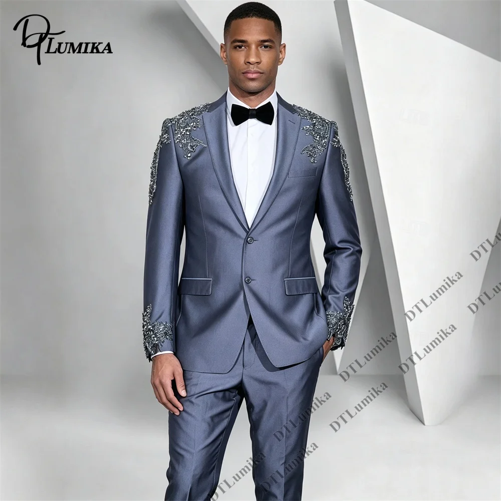 Luxury Beaded Tuxedo 2 Piece Suit Jacket Pants Customizable Size  Wedding Prom Party Slim Fit Blazer Trouser Set Formal Suit