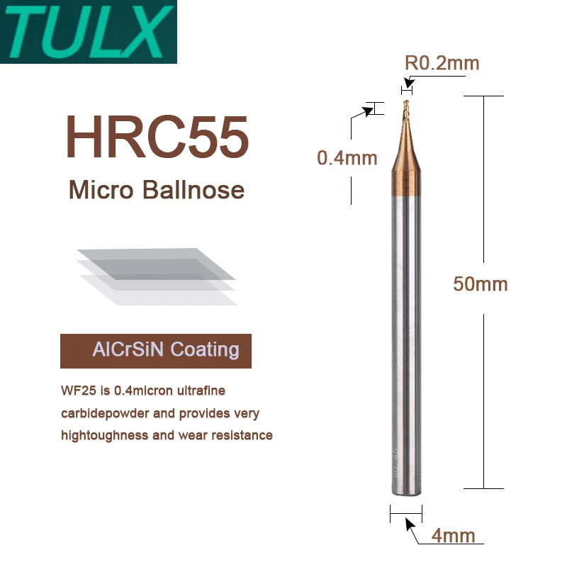 TULX R0.1-R0.5 HRC55 Micro Ball Nose Carbide End Mill Two Flutes TiCN Coated Tungsten Carbide Milling Bit CNC Machine Router