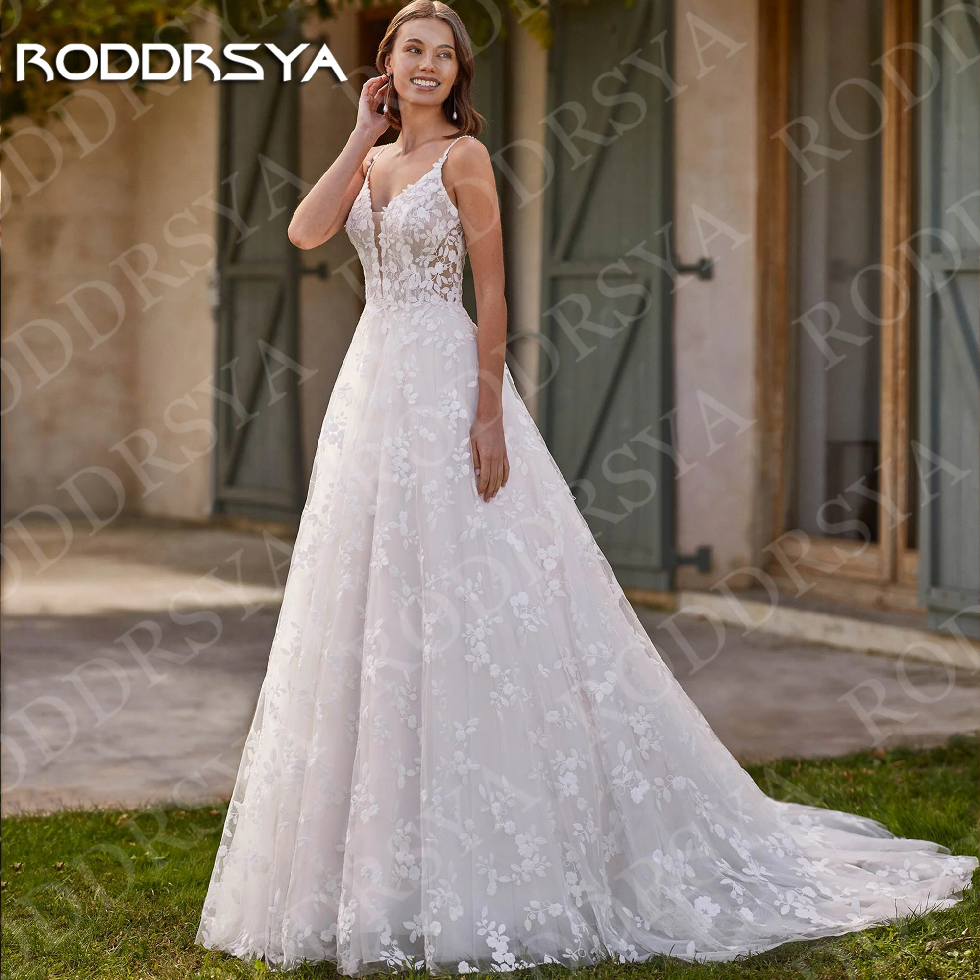 

RODDRSYA Lace V Neck Wedding Dress Women Boho Open Back Spaghetti Straps A Line Bridal Dresses Customized vestido de novia 2026