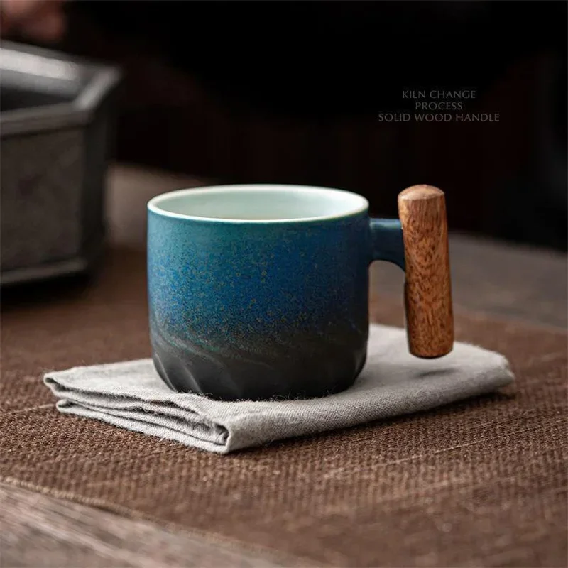 70 ml Keramik Kaffeetasse mit Holzgriff japanischen Stil Farbverlauf Glasur exquisite Teetasse Haushalt Büro Wasser Tasse Geschenke