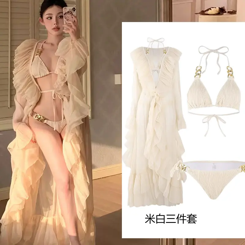 Swimsuit Women's 2025 New Split Bikini Blouse Three-piece Sexy Swimwear Summer Temperament V-neck Pool Beach Backless Swimsuits