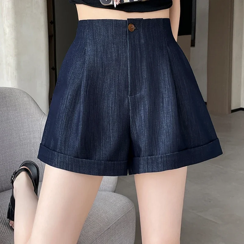 

Summer High Waist Blue Denim Shorts for Women Wide-Leg Short Pants Korean Fashion Mini Y2K Style Student Girl's Jeans