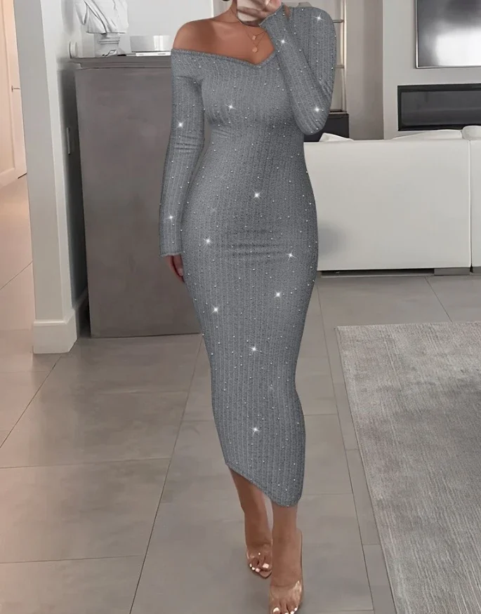 

Elegant Dresses for Women Cocktail Party Gown 2024Skirt V-Neck Bodycon Long Sleeve Rhinestone Decor Ribbed Slit Midi Dress Fall