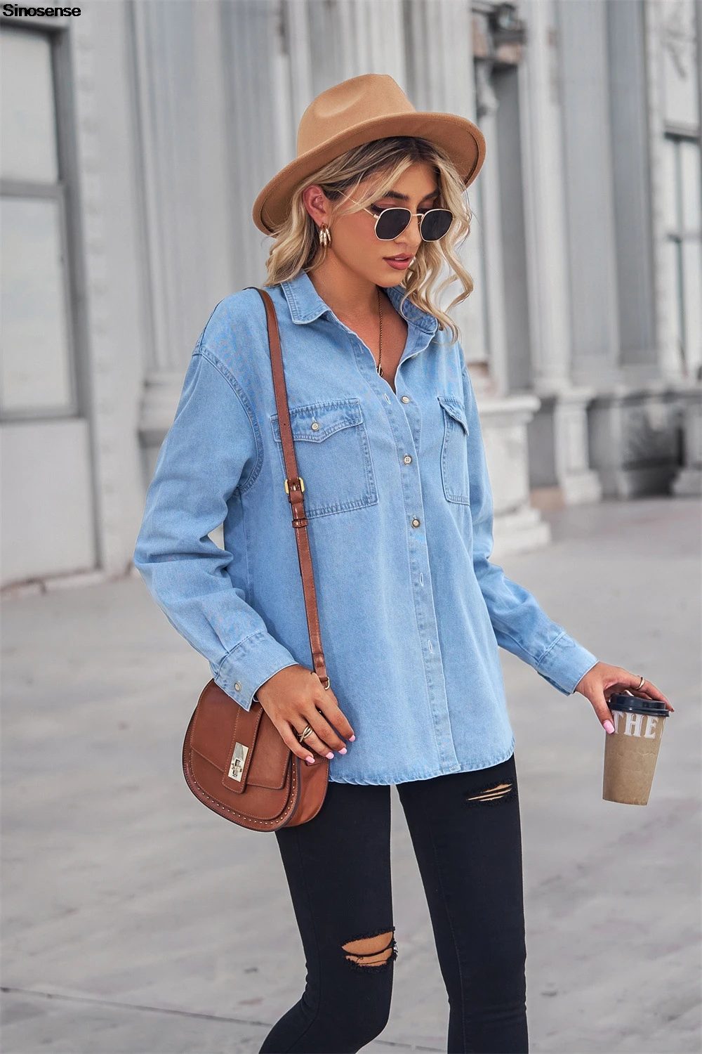 Women Button Down Denim Shirt Casual Long Sleeve V Neck Chambray Blouse Top Boyfriend Style Loose Fit Daily Wear Jean Shirts