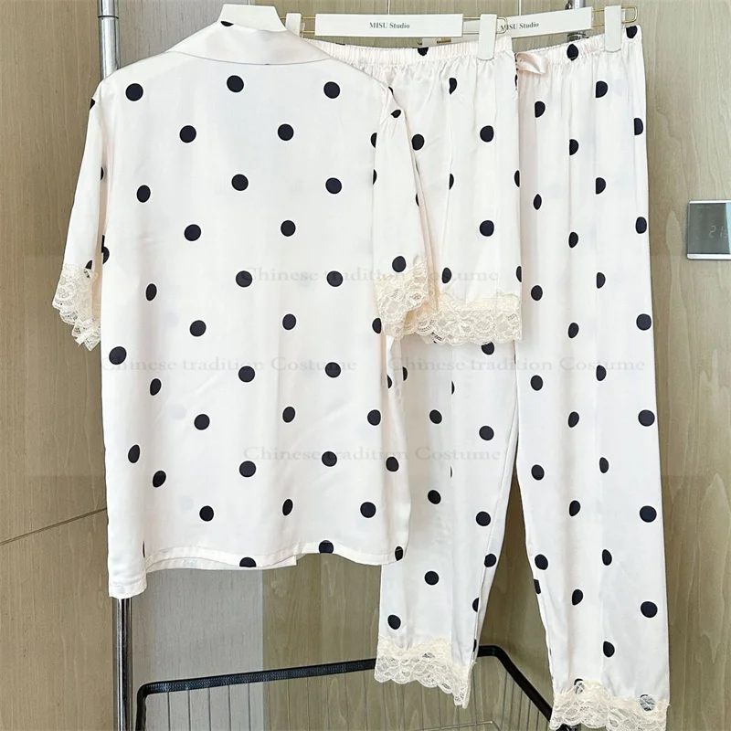Luksusowy zestaw piżam w kropki, 3-częściowy, seksowna bielizna nocna z koronkowym wykończeniem, damska odzież domowa z krótkim rękawem z rayonu.
