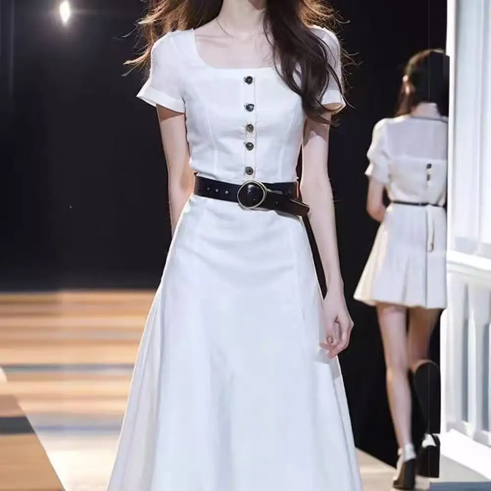

Summer New Elegant Women's Long Dress Design Square Neck Short Sleeves White Slim Dresses Casual Fashion Party Dress