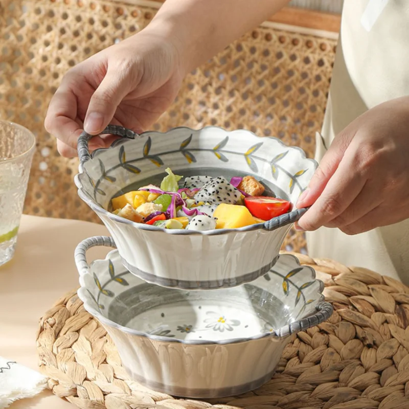 6.8Inch Hand-Painted Household Noodle Bowl Ceramic Soup Bowl Japanese Salad Pasta Bowl with Handle Kitchen Tableware