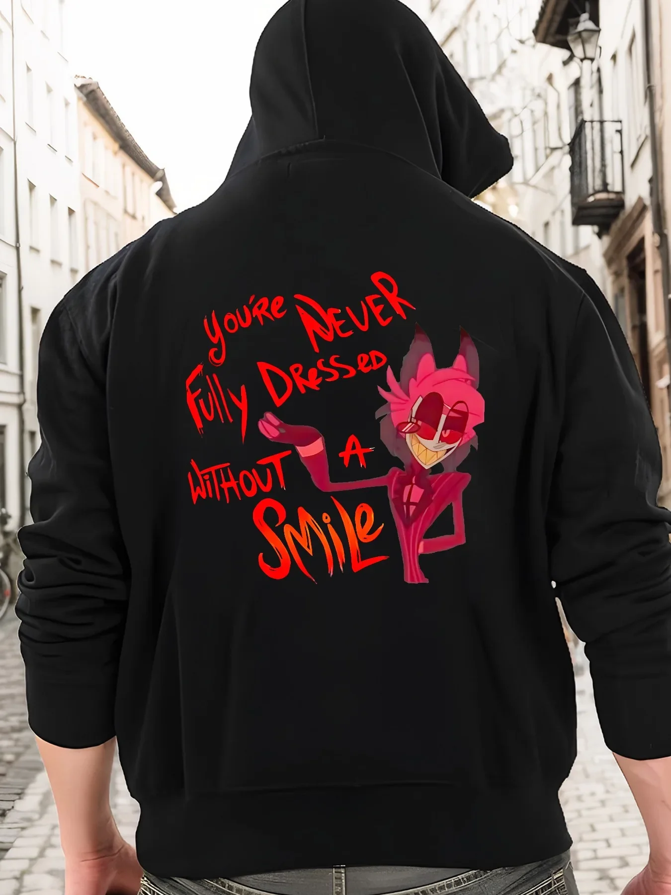 Hazbin Alastor Hotel Sudadera con capucha de algodón novedad impresa manga larga para hombres negro otoño e invierno mantener caliente ropa deportiva versátil
