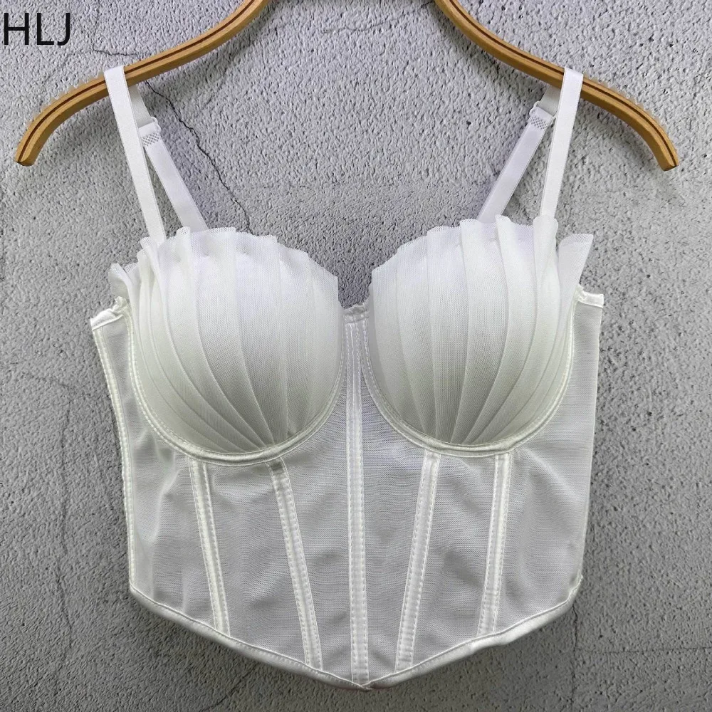 HLJ White Sexy Mesh Ruched Corset Vest Two Pece Sets For Women Strap Slim Crop Top And Puffy Mini Skirts Nightclub Outfits 2024