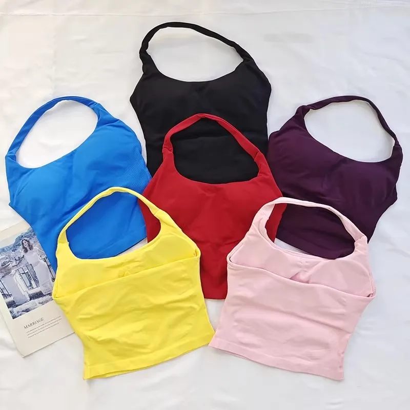 Conjunto Deportivo de Camiseta sin Mangas con Cuello Halter y Espalda Descubierta para Mujer, con Top Deportivo Acolchado y Resistente a Impactos para Yoga, Gimnasio, Ejercicio y Uso Diario al Aire Libre