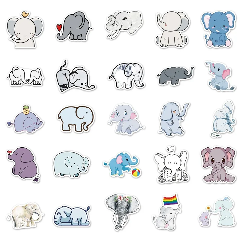 50pcs Cartoon Elephant Stickers Laptop Scrapbook Notebook Diary DIY Cute Polyvinyl Chloride Doodle Decal Sticker for Kids Toy.