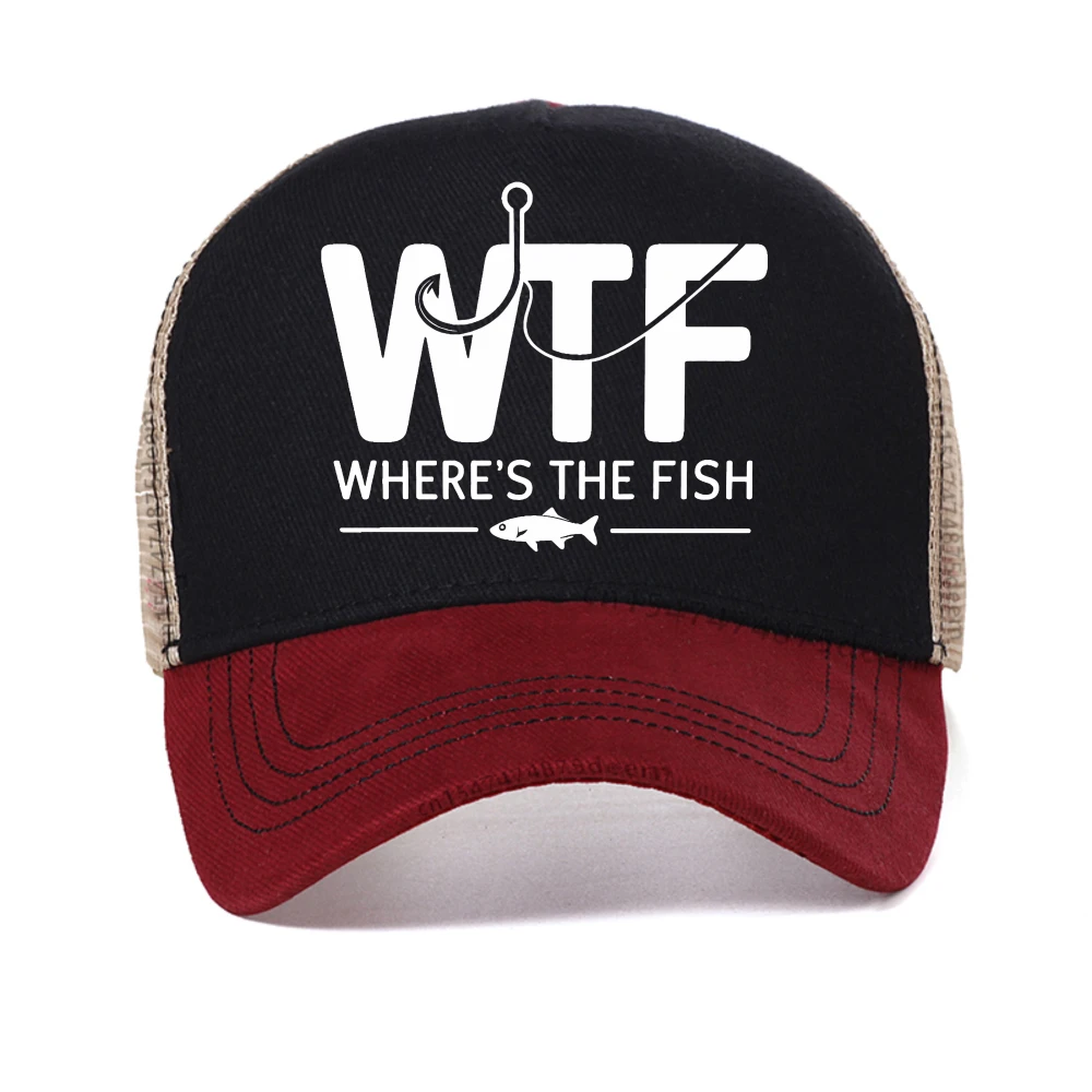

WTF Where'S The Fish Print Breathable baseball cap Casual outdoor sport fishing caps summer Adjustable mesh cool Snapback Hat