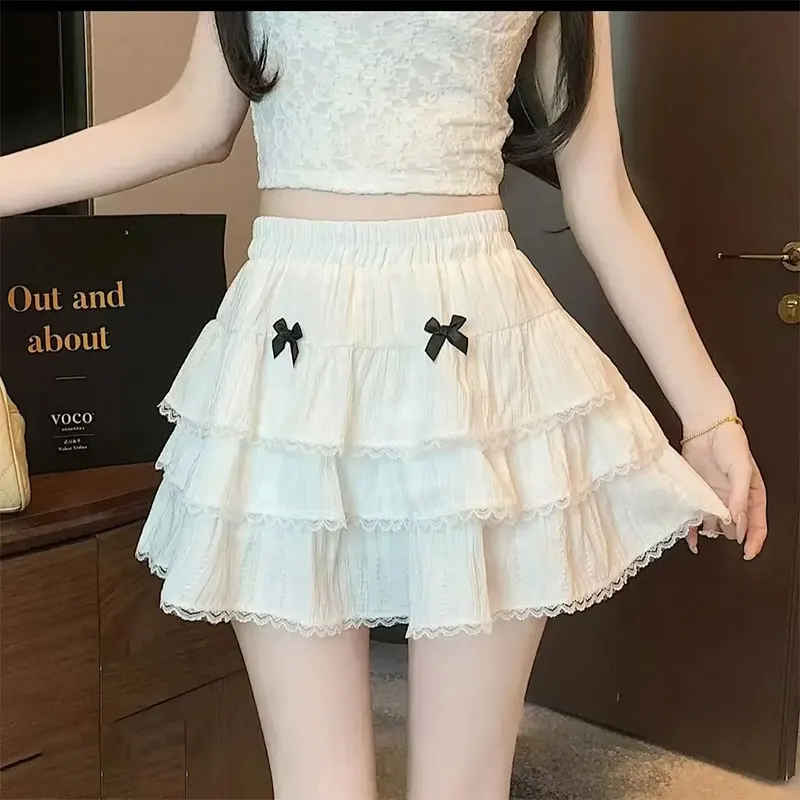 

Bow Skirt For Women's Summer New Lace Edge Relax Tighten The Waist Fashionable Sweet High Waisted Cake Puffy Short Skirts Female
