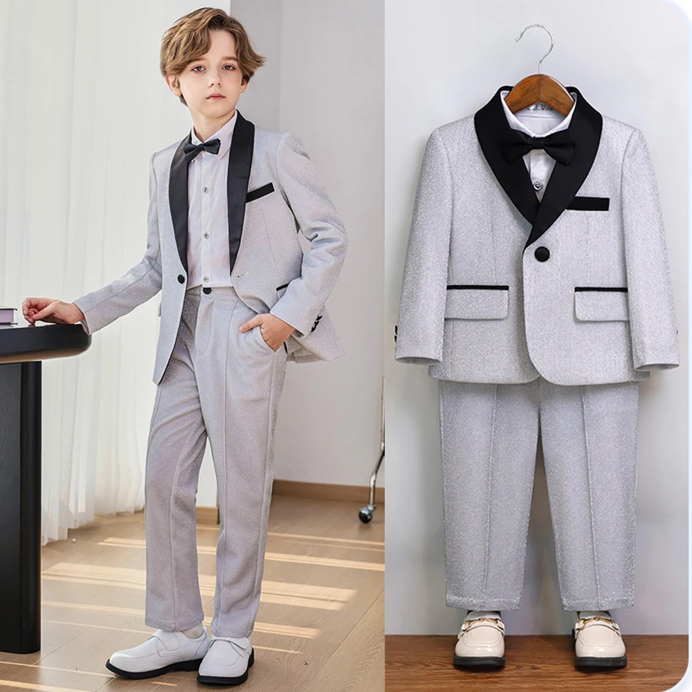 

Solid Jacket+Trousers+Bow Tie Luxury Satin Shawl Lapel Blazer Set for Kids Boy Formal Stage Performance Autumn Long Pants Outfit
