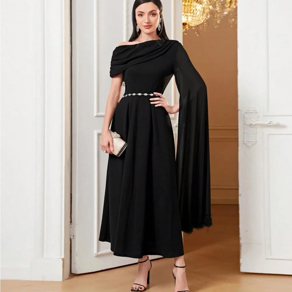 Mignon Satin A-line Square Neckline Prom Gown Ruffle Evening Tea-length Formal Cap Straps Elegant Party Dress for Women 2023