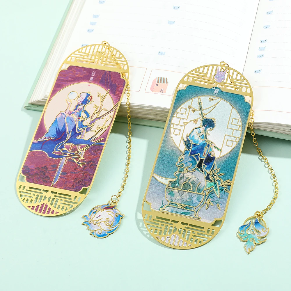 Genshin Impact Game Book Marks Xiao And Venti Figure Hollow Metal Bookmarks for Game Fans Collection Gift Book Accessory