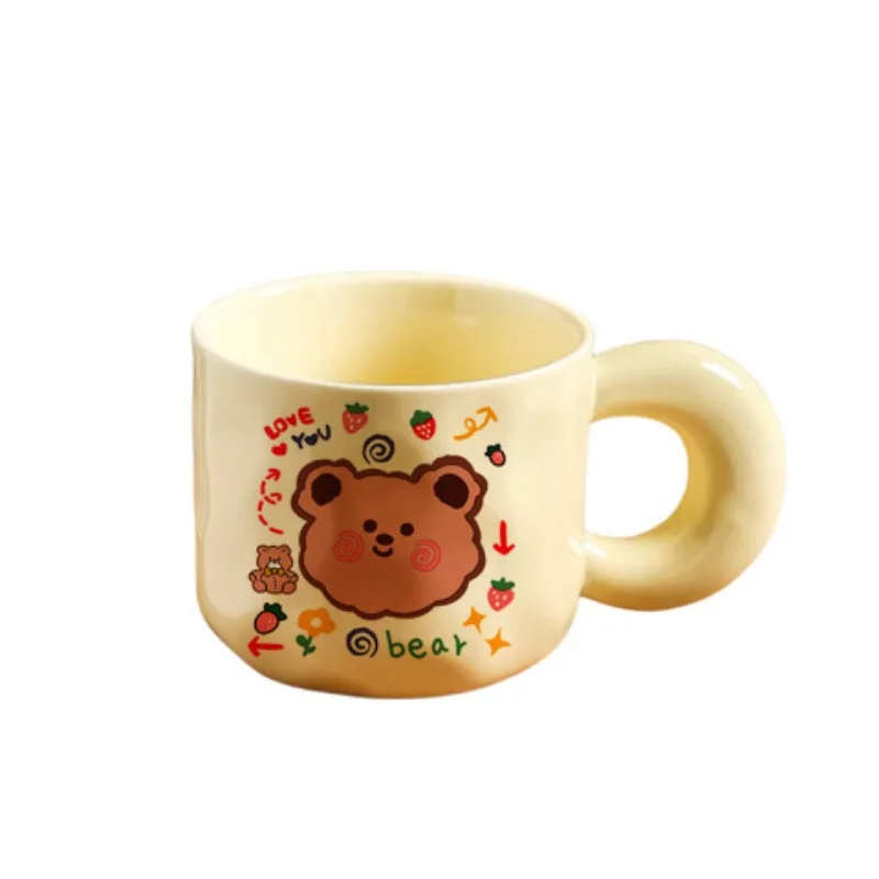 400ml Korean Cream Bear Mug, Fat Handle Ceramic Cup, Large Capacity Simple Milk Cup, Male and Female Student Couple Cup