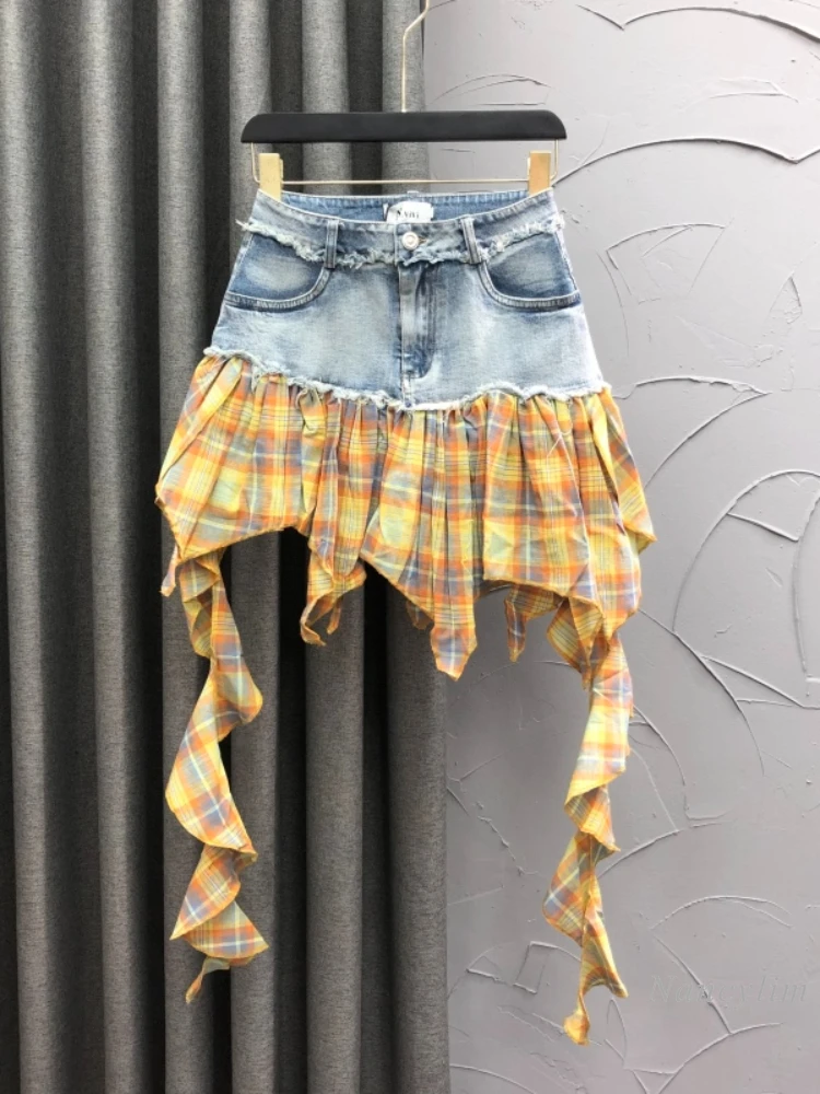 Personality Plaid Stitching Denim Skirt Women's Fashion Ribbon Irregular A- Line Hot Girl Sheath Skirt Summer Street Skirts