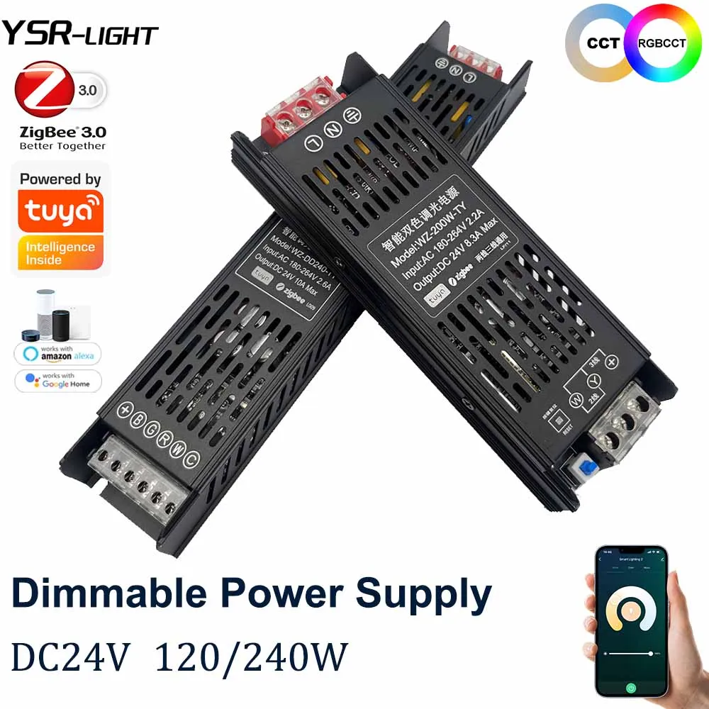 Tuya Zigbee Dimmable Led Driver DC24V 120/240W CCT/RGBCCT Dimmer Transformer 2in1 Support Voice/APP Control for Alexa Google